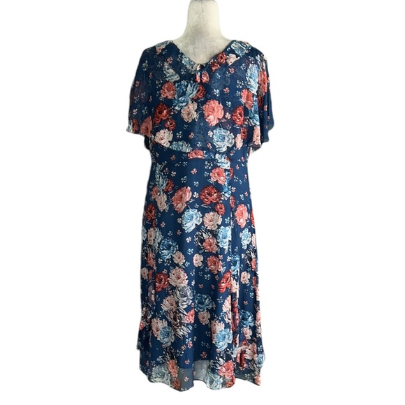 Sundance Silk Crinkly Chiffon Navy Blue Floral Print Ruffle Midi Dress - 14 - Picture 5 of 10